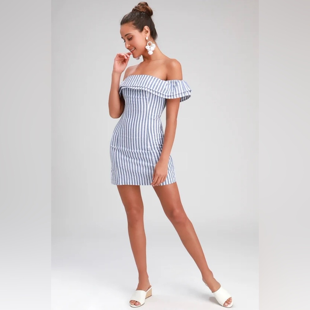 Lulus Seaside Skipper Blue Striped Off-the-Shoulder Mini Dress Cotton